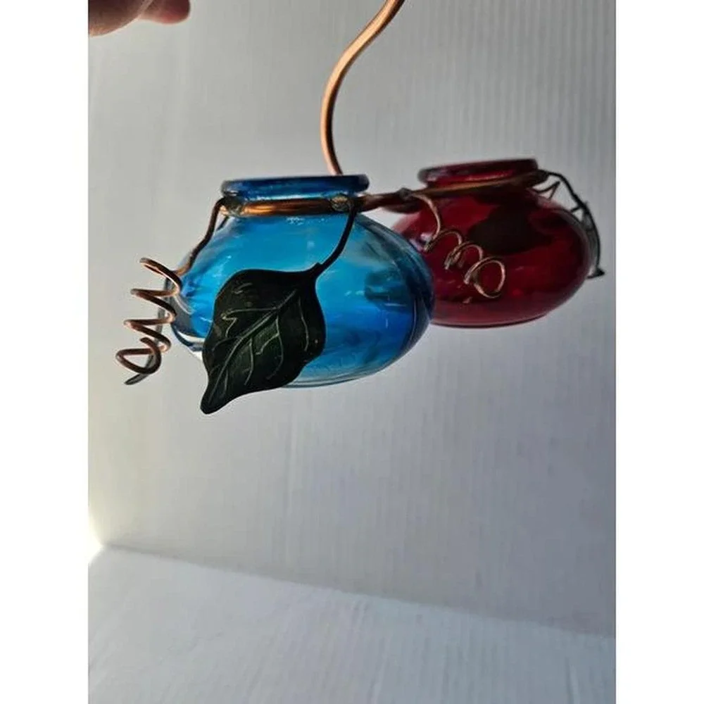 Artisan handcrafted double glass hummingbird hanging feeder copper cottagecore
